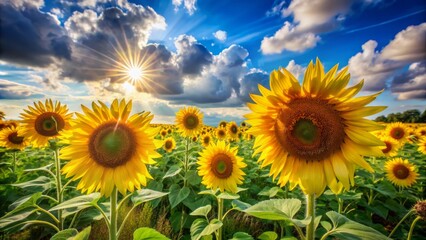 Vibrant yellow sunflowers bask in warm sunlight surrounded by lush green grass and bright blue sky with fluffy white clouds.