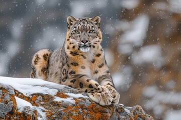 Obraz premium A snow leopard gracefully perched on a rocky ledge in the Himalayas, its thick fur blending with the snowy landscape. 