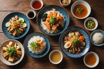 Japanese food mix on a restaurant table