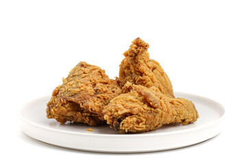 Crispy and crunchy fried chicken isolated on white background. perfect for photo illustration, design element, or any commercial purposes.