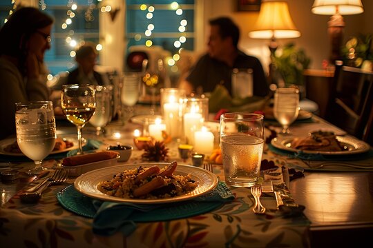 A long dinner table set for a party with a large candelabra, small bowl, and plates with napkins, captured in focus with people in the background. Photographed using Kodak film