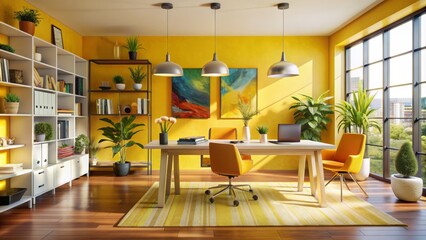 Vibrant yellow backdrop fills a stylish creative office with abstract artwork, colorful furniture, and eclectic decorative elements.