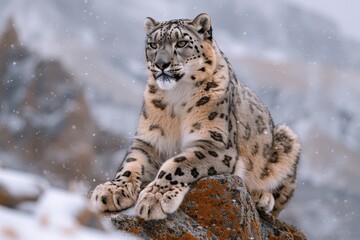 Obraz premium A snow leopard gracefully perched on a rocky ledge in the Himalayas, its thick fur blending with the snowy landscape. 