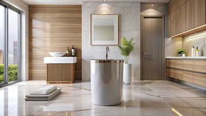 Elegant bathroom interior featuring a modern trash can , elegant, bathroom, interior, modern, trash can, sleek