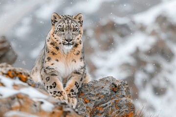 Obraz premium A snow leopard gracefully perched on a rocky ledge in the Himalayas, its thick fur blending with the snowy landscape. 