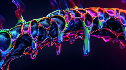Closeup of organic shape on black background thick spreading smoke with neon bluegreenorange color on edges shape with surface dispersion and oil With hyperrealistic visualization created with SideFX