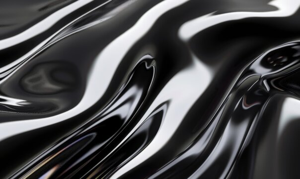 Black 3d render of holographic chrome futuristic device macro closeup of black silk displaying white iridescent holographic foil in style of black complex background