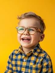 A happy little boy wearing glasses on a yellow abstract background is perfect for wallpaper and background