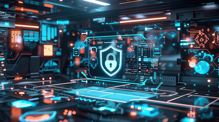 A futuristic digital security interface displaying holographic locks and data streams