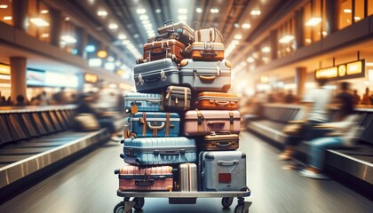 Obraz premium Luggage Cart with Stacked Suitcases in Airport