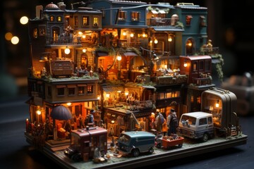 Illuminated Miniature Cityscape with Detailed Architecture