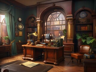 Design a 3D realistic vintage detective's office, capturing the detailed decor and nostalgic atmosphere.


