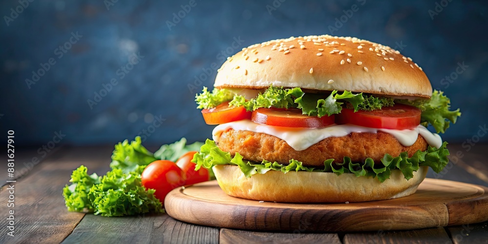 Wall mural Crispy Fish Burger on a sesame seed bun with fresh lettuce, tomato, and tartar sauce, food, crispy, fish