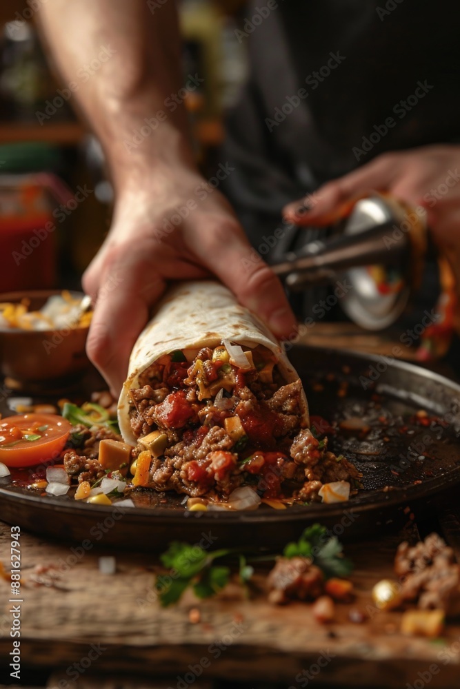 Canvas Prints person is holding tortilla wrap with meat and vegetables on it