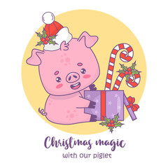 Christmas pig in santa hat with gift box with festive striped candy cane with holly. Vector illustration. Holiday card with funny cartoon winter animal character with cool slogan. Kids collection