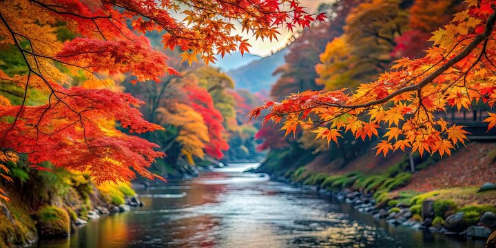Detailed of a Japanese autumn scene with momiji leaves and a river , momiji, leaves, red, trees, fall, foliage, autumn