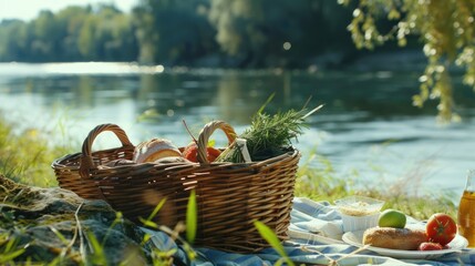Basket of food is laid out on blanket by river