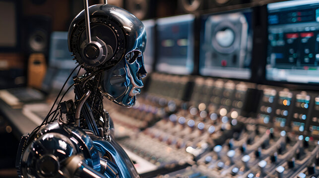 Futuristic robots in modern recording studio