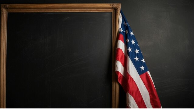 American flag cropped and bordered by a blank chalkboard background with copy space.
