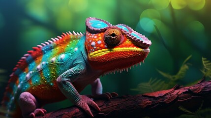 Fototapeta premium Vibrant closeup photo of a chameleon lizard showcasing its colorful skin and unique features.