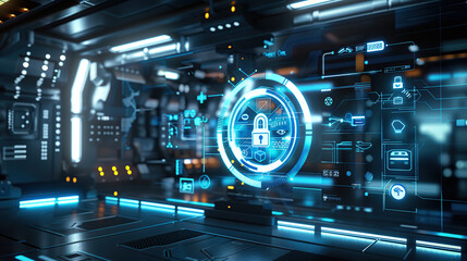 A futuristic digital security interface displaying holographic locks and data streams