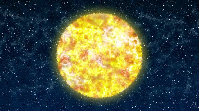 Realistic sun with galaxy stars zoom with animated solar flares on universe background