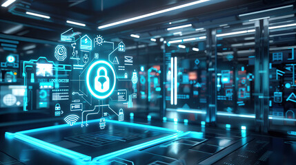 A futuristic digital security interface displaying holographic locks and data streams
