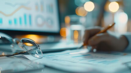 Obraz premium Focused Accountant Analyzing Spreadsheets by Desk Lamp Light - Close-up View of Screen in Office Workplace