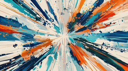 This striking abstract image showcases a symphony of radial lines in shades of blue, orange, and teal, converging into a dynamic central burst adorned with splatters of navy and cream. 