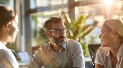 Successful CEO Leading Productive Team Meeting in Contemporary Office Setting with Natural Light - Medium Shot