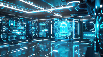 A futuristic digital security interface displaying holographic locks and data streams