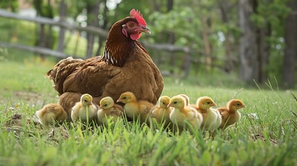 Fototapeta premium On the horse farm the mother hen brought her brood of infant chicks
