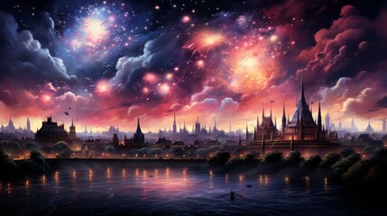 Fototapeta premium Fantasy Cityscape Under a Starry Sky with Fireworks