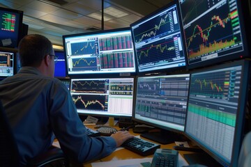 Dynamic Team of Professionals Analyzing Stock Market Data on Multiple Screens