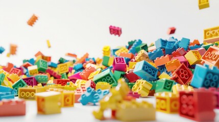 A pile of colorful blocks scattered all over the place White background, white space in the center of picture.