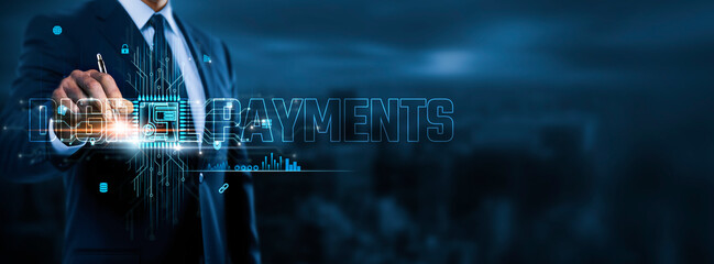 Digital Payments, Financial Security, Efficiency, Businessman Touch of Icons Enabling Data Exchange on Business Network Connection, Innovation, Trust, Business and Financial Technology.