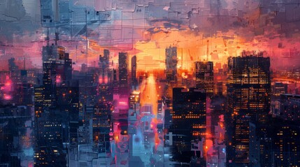 Cityscape at Sunset in an Impressionist Style