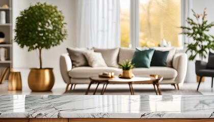 Product Display: Marble Counter with Blurred Living Room Background