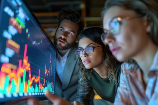 Team of analysts analyzing economic trends with statistical charts in collaborative finance meeting