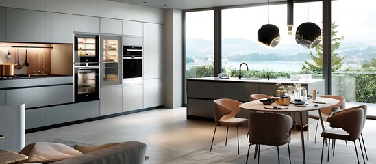 Contemporary kitchen interior featuring built-in appliances and a stylish dining zone. Neutral tones and clean lines enhance the spacious layout.