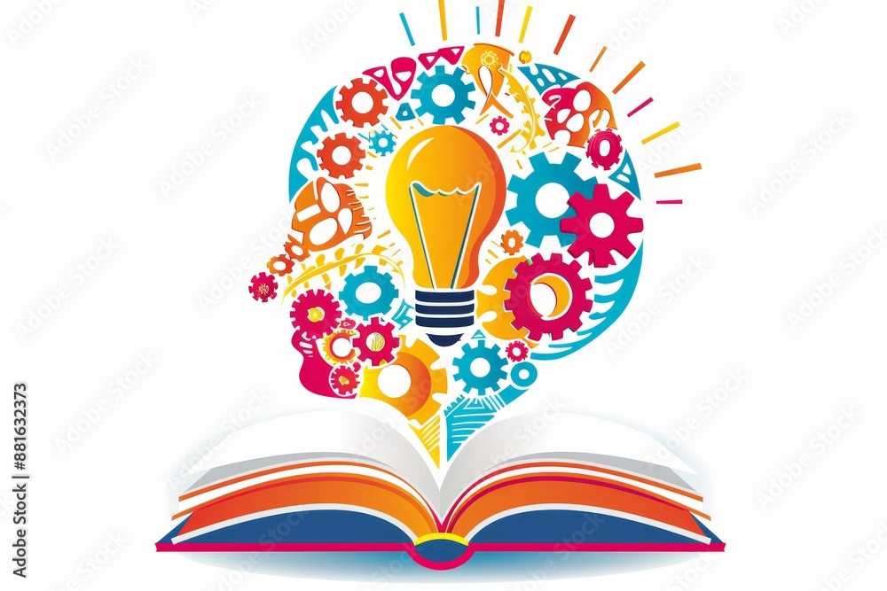 Poster an illustration of a human head with a lightbulb and a book symbolizes innovative learning. it repre