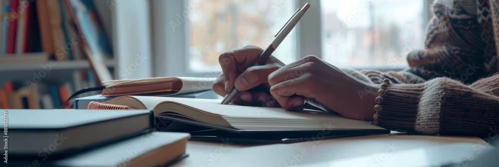 Poster Immersed in focused attention, hands meticulously write in a notebook at a cozy, welllit library with a scholarly atmosphere, ideal for studying and learning in a tranquil and peaceful setting
