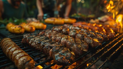 Barbecue Camping Autumn Celebration with Joyful Friends in a Festive Garden Dinner Party;