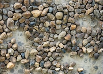A wall covered in small rocks. The wall is made of concrete and the rocks are of various sizes