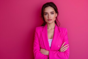 Fototapeta premium A professional-looking woman in a bright pink suit jacket poses confidently against a pink background