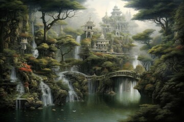 Obraz premium Mystical Waterfalls and Ancient Temple