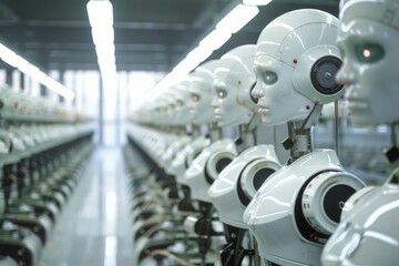 Fototapeta premium Row of Humanoid Robots in a Factory.