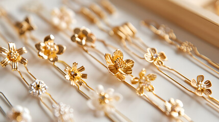 Beautiful gold hair clips on white table ai generative