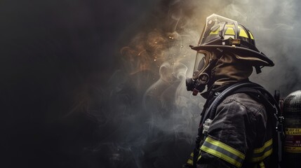 Fototapeta premium Fireman wearing firefighter turnouts and helmet. Dark background with smoke and blue light created.