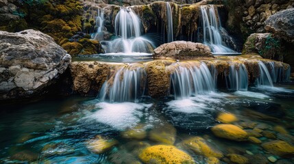 Fototapeta premium Volcanic rocks and crystal clear waterfalls combined in an abstract art piece.